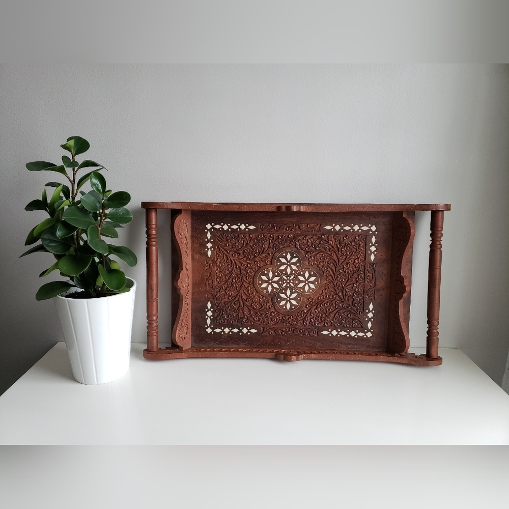 Hand carved wood serving tray with inlay